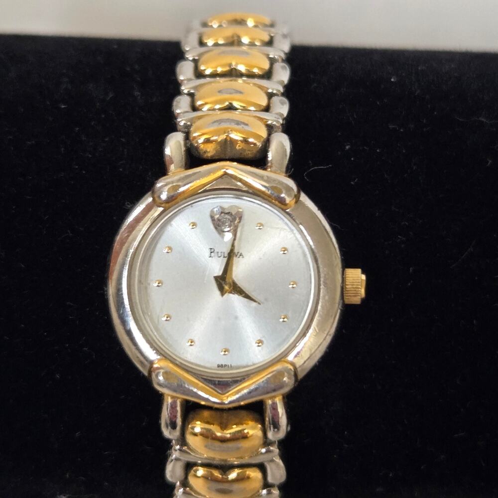 Vtg Bulova Diamonds Dam Watch 98P11 Two-Tone Silver/Gold Plated Diamond Accent